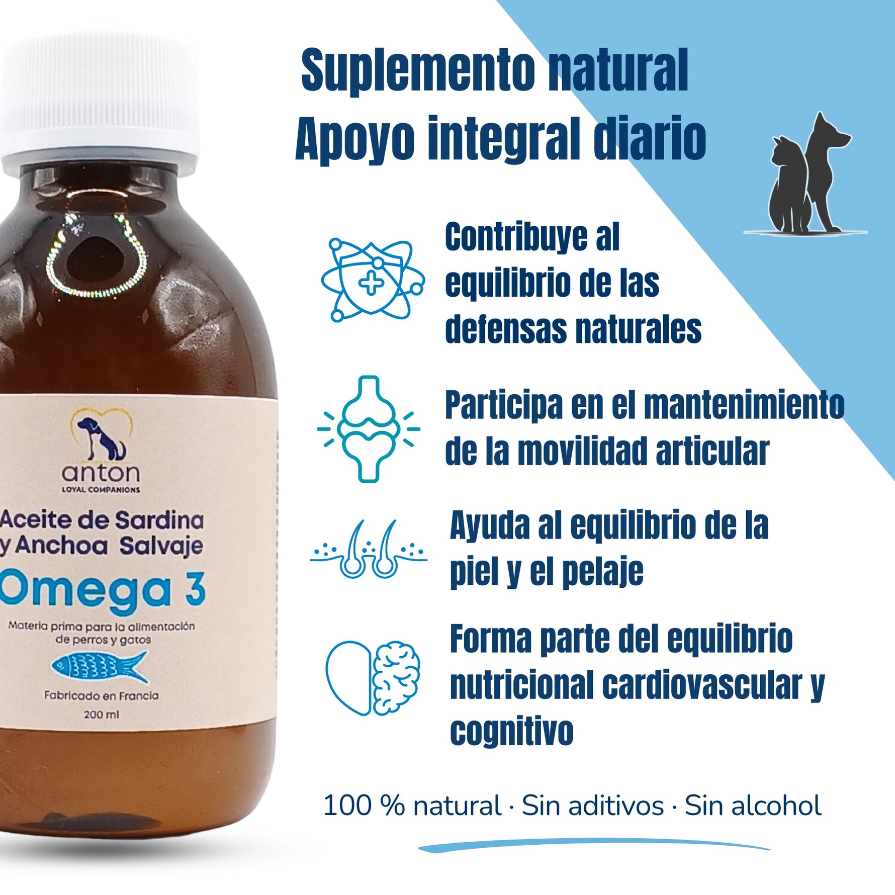 Botella de omega 3 para perros y gatos con beneficios destacados como defensas naturales, movilidad articular, salud de la piel y equilibrio cardiovascular y cognitivo