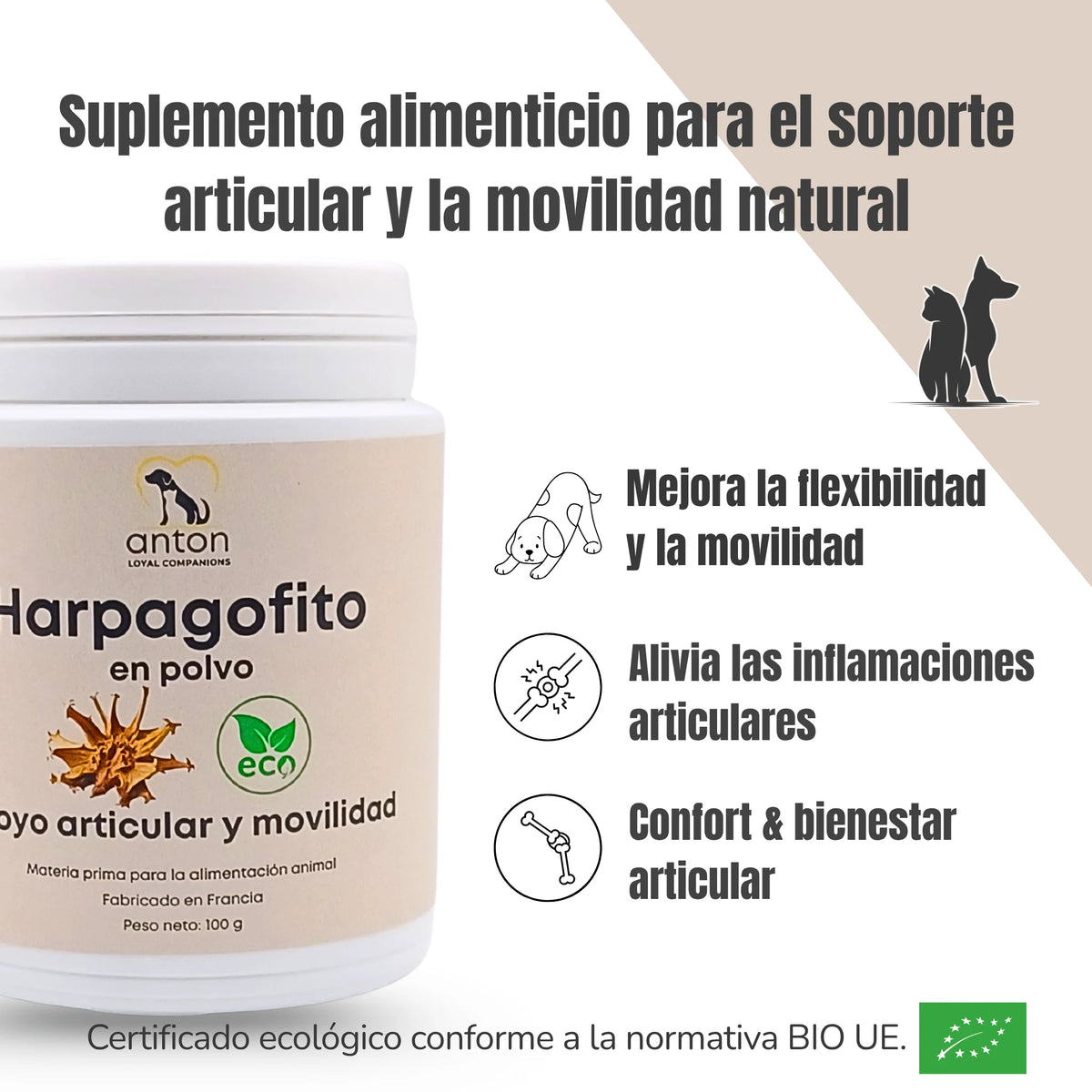Fórmula natural a base de harpagofito que mejora la flexibilidad y movilidad, alivia las inflamaciones articulares y aporta confort y bienestar articular de forma ecológica.