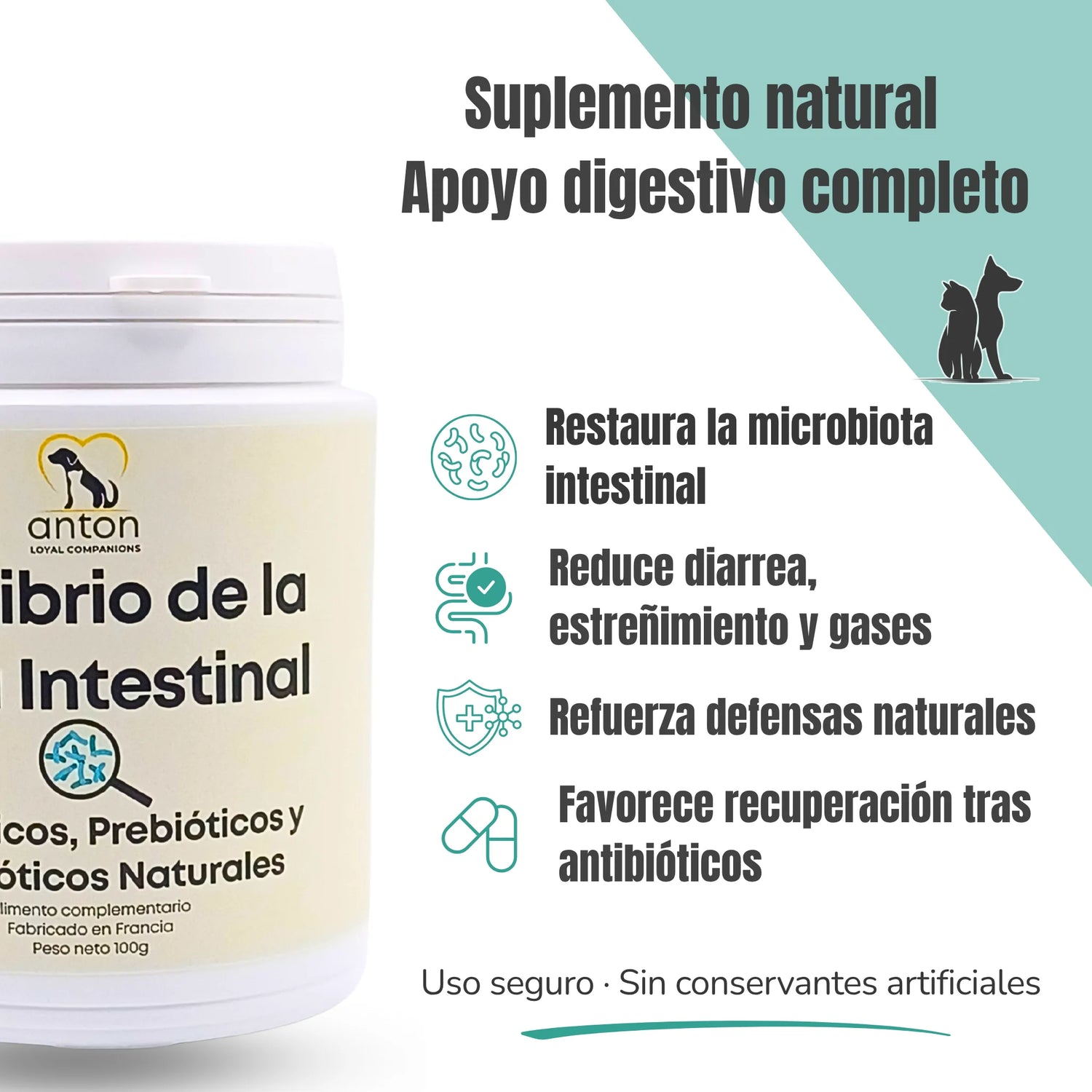 Suplemento natural con probióticos y prebióticos para perros y gatos – apoyo digestivo completo, microbiota intestinal y defensas naturales