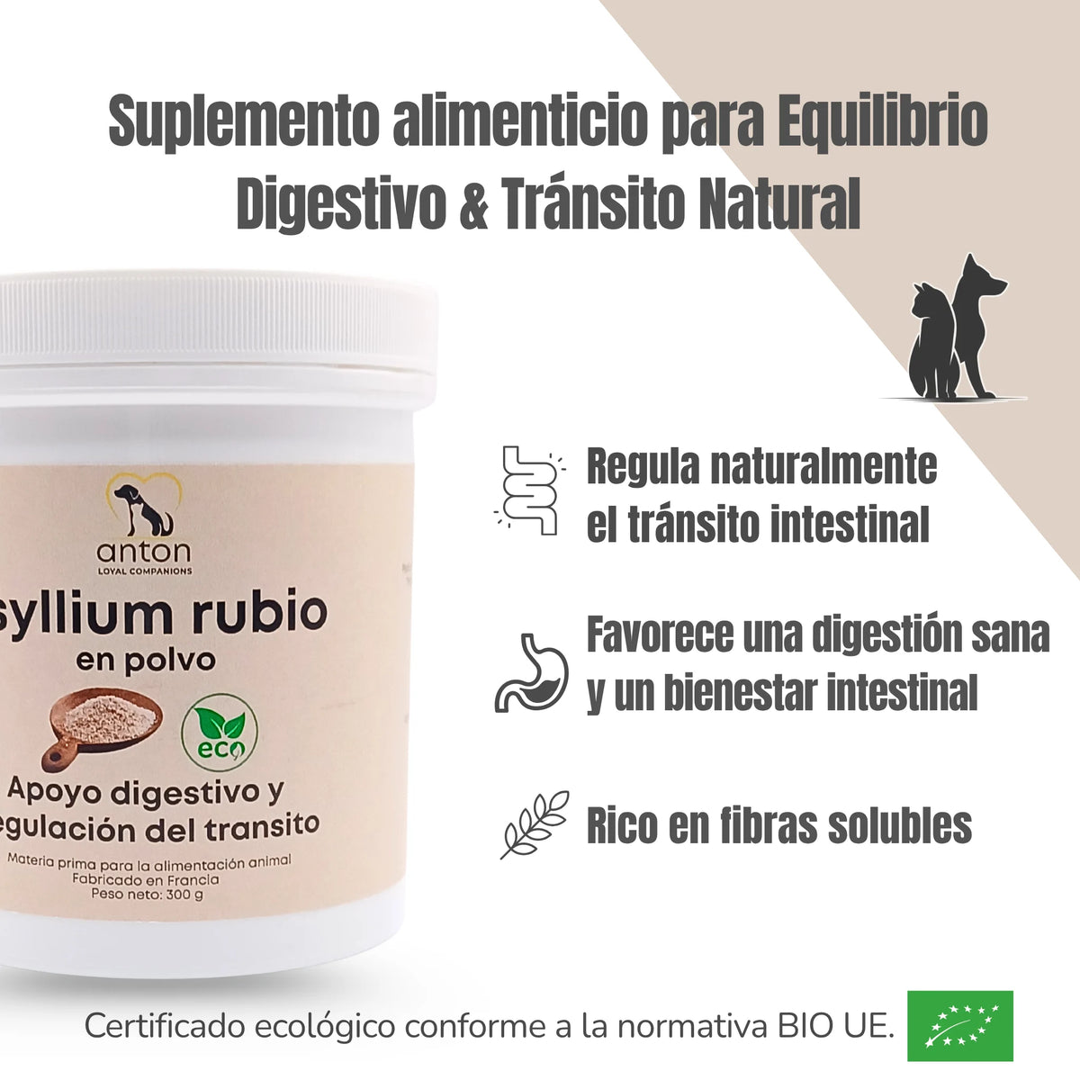 Fórmula ecológica para el apoyo digestivo y la regulación del tránsito en perros y gatos. Contribuye al bienestar intestinal y confort digestivo.