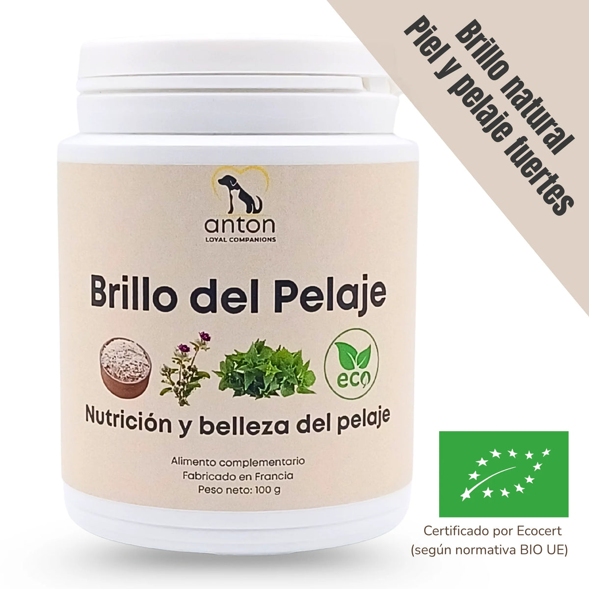 Suplemento natural ecológico para perros y gatos que mejora el brillo y la fuerza del pelaje. Nutre la piel y favorece un manto brillante y saludable de forma natural.