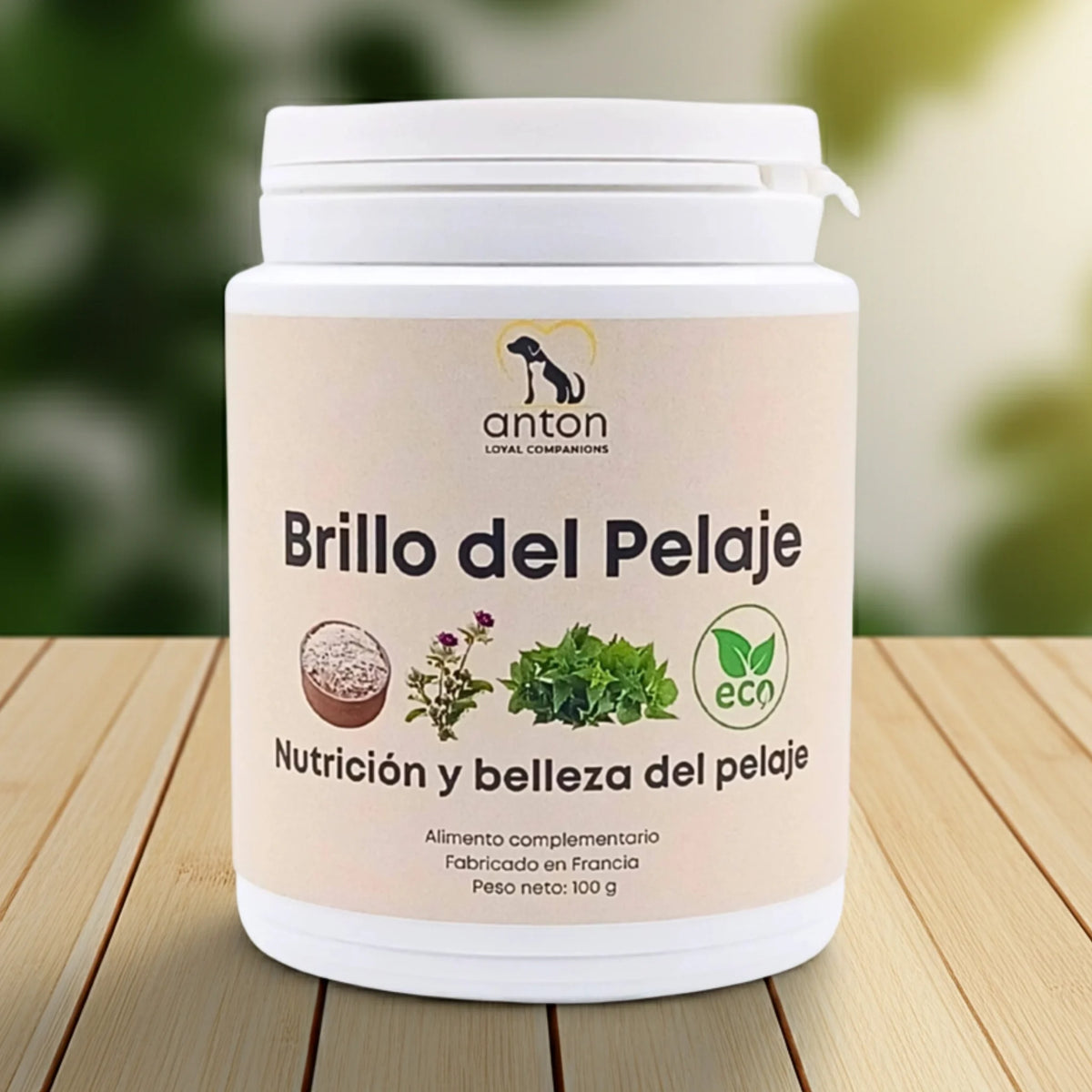 Suplemento natural Brillo del Pelaje ECO en polvo para perros y gatos que nutre el pelaje, aporta brillo y cuida la piel. Fabricado en Francia por ANTON Loyal Companions.