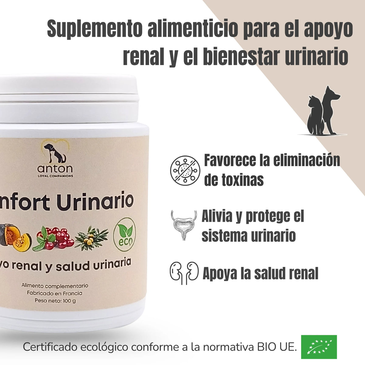 Suplemento ANTON Loyal Companions Confort Urinario – Favorece la eliminación de toxinas, protege el sistema urinario y apoya la salud renal.