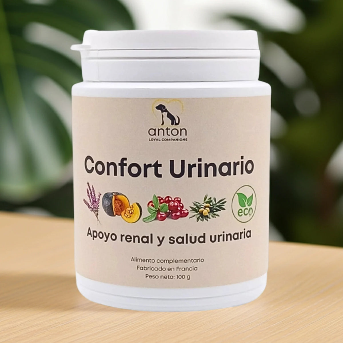 Suplemento natural Confort Urinario ECO en polvo para perros y gatos que apoya los riñones, la vejiga y el equilibrio urinario. Fabricado en Francia por ANTON Loyal Companions.