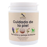 Imagen neutra del suplemento natural para perros y gatos para el cuidado de la piel: piel sana y pelaje brillante, ecológico, fondo blanco.