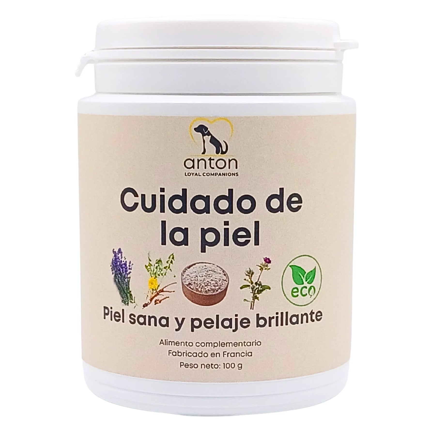 Imagen neutra del suplemento natural para perros y gatos para el cuidado de la piel: piel sana y pelaje brillante, ecológico, fondo blanco.