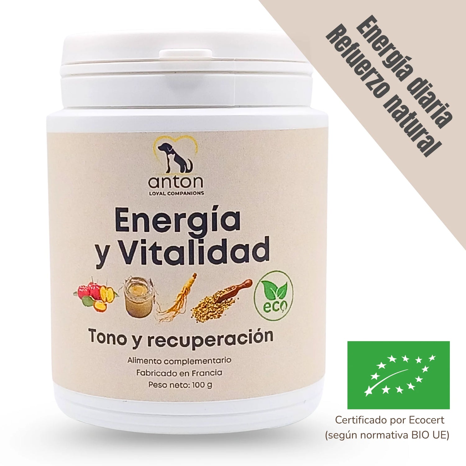 Suplemento natural ecológico ANTON Loyal Companions para perros y gatos que aporta energía diaria, vitalidad y refuerzo natural. Fórmula certificada por Ecocert según la normativa BIO UE.