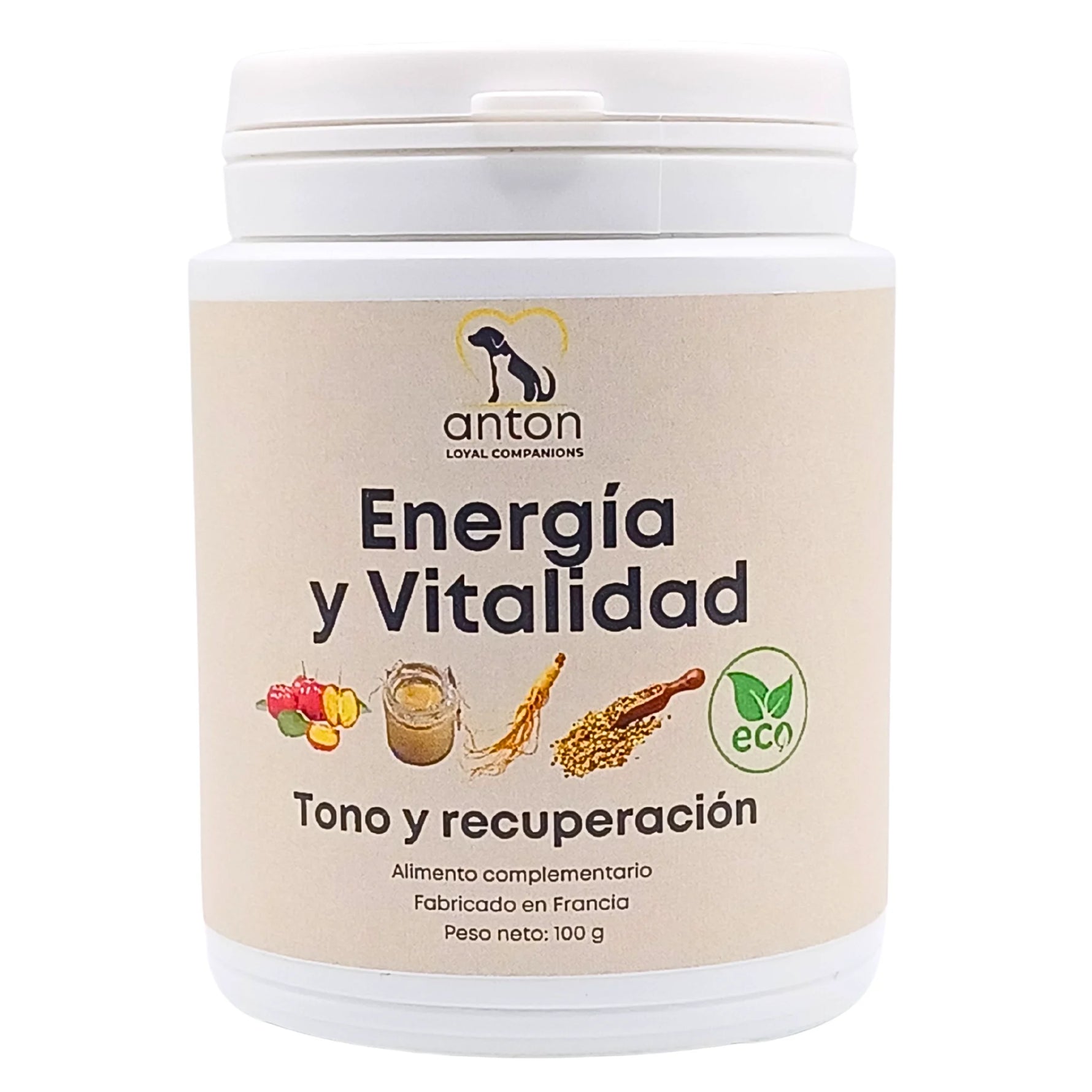 Imagen neutra del suplemento natural para perros y gatos – energía y vitalidad ecológica con efecto tonificante y revitalizante, fondo blanco.