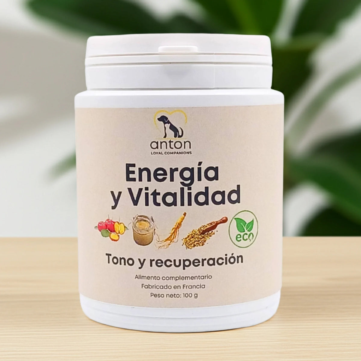 Suplemento natural Energía y Vitalidad ECO en polvo para perros y gatos.  que aporta energía, refuerza la vitalidad y apoya la recuperación. Fabricado en Francia por ANTON Loyal Companions.