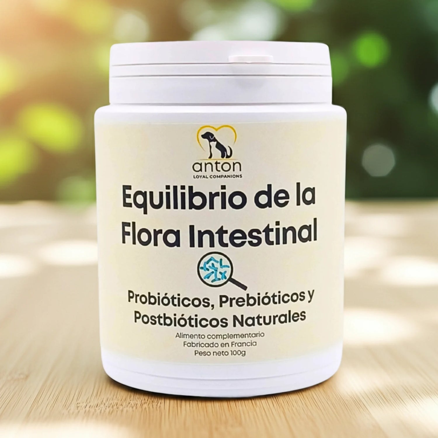 Suplemento natural para perros y gatos para el equilibrio de la flora intestinal con probióticos, prebióticos y postbióticos naturales. Fabricado en Francia por ANTON Loyal Companions.
