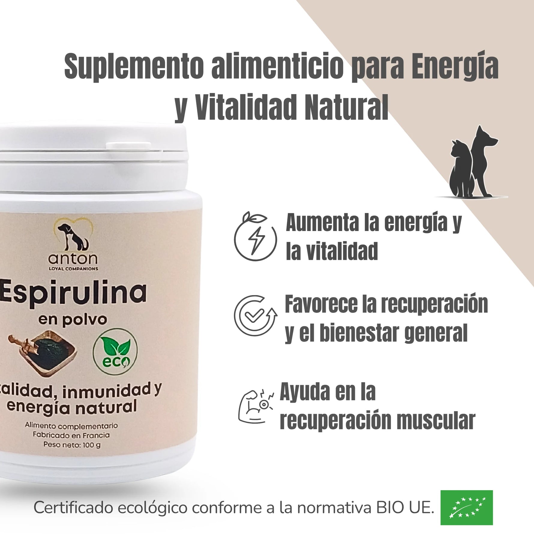 Beneficios del suplemento natural Espirulina ECO ANTON Loyal Companions – Refuerza defensas, vitalidad y bienestar general en perros y gatos.