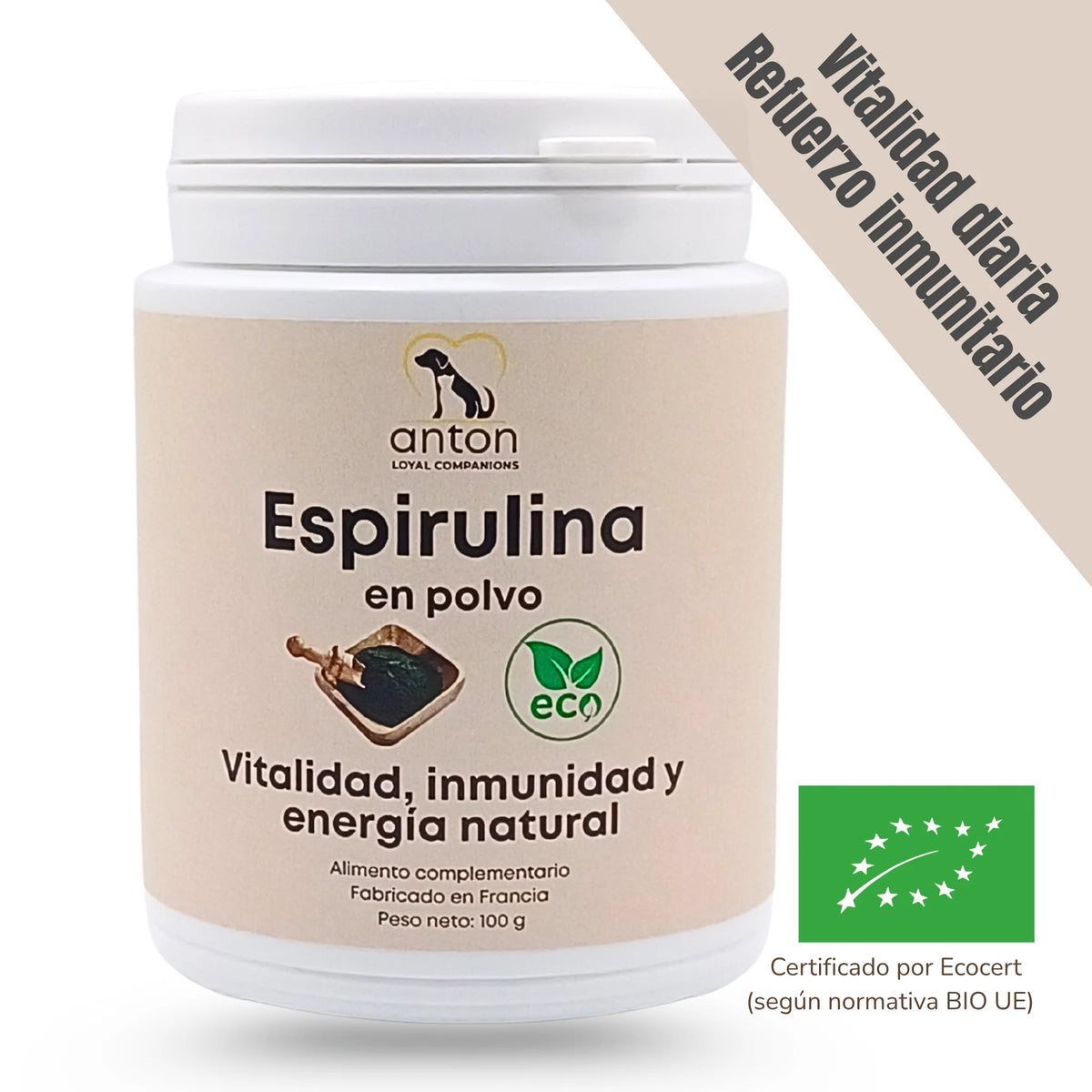 Suplemento natural para perros y gatos Espirulina ECO – Vitalidad, inmunidad y energía natural. Certificado ecológico por Ecocert.