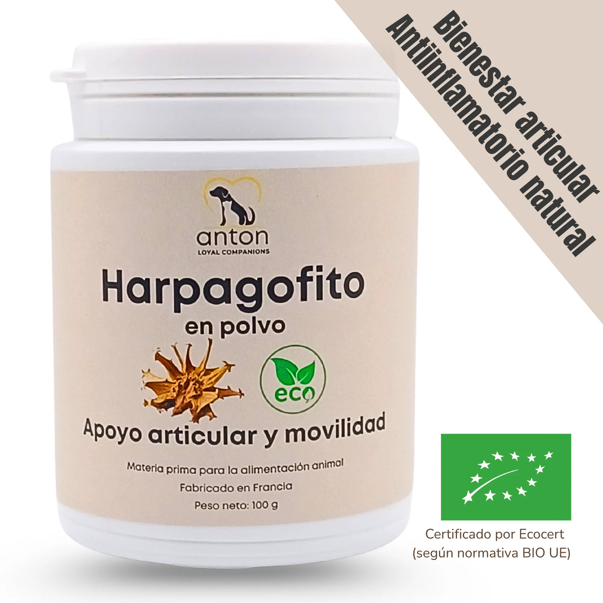 Suplemento natural ecológico de harpagofito ANTON Loyal Companions para perros y gatos. Favorece el bienestar articular, ayuda a la movilidad y actúa como antiinflamatorio natural según la normativa BIO UE.