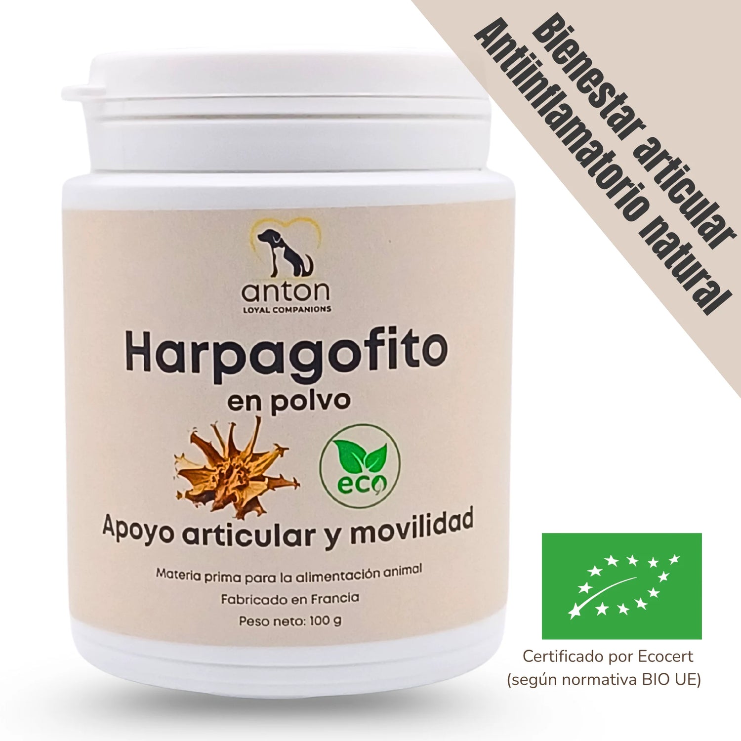 Suplemento natural ecológico de harpagofito ANTON Loyal Companions para perros y gatos. Favorece el bienestar articular, ayuda a la movilidad y actúa como antiinflamatorio natural según la normativa BIO UE.