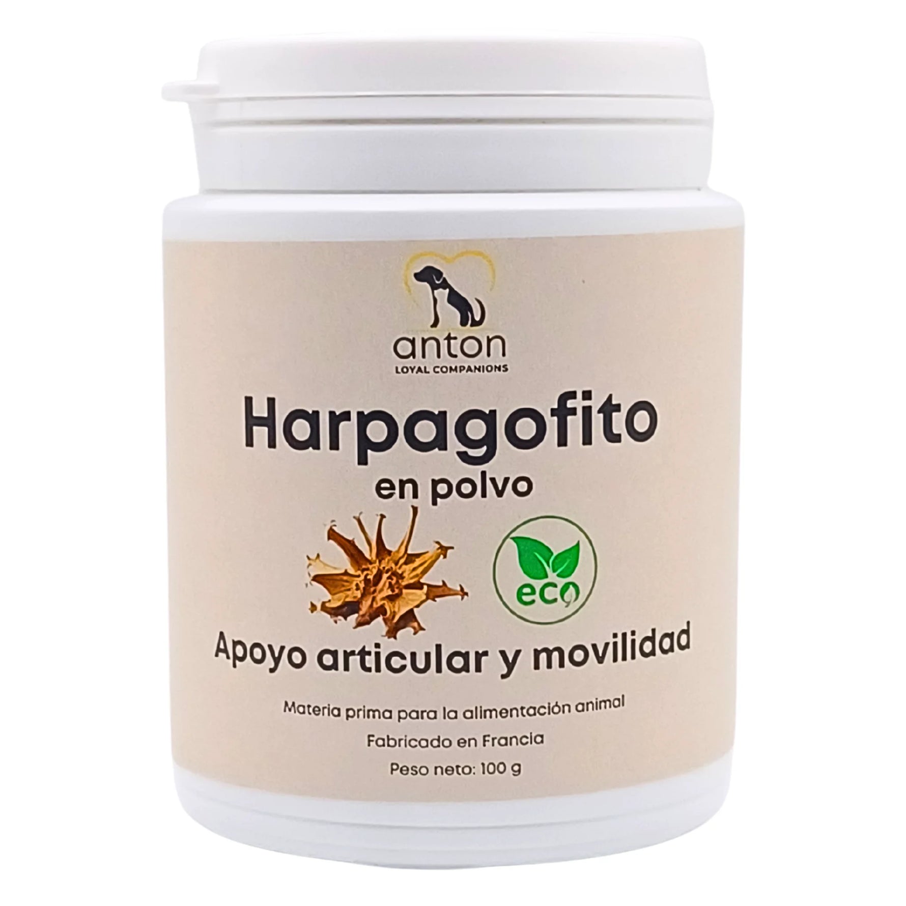 Imagen neutra del suplemento natural para perros y gatos – harpagofito ecológico con acción antiinflamatoria y apoyo articular, fondo blanco.