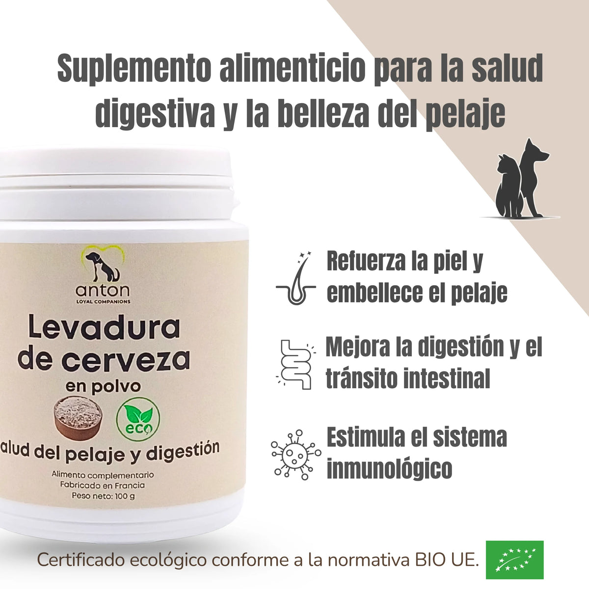 Suplemento alimenticio ecológico para la salud digestiva y la belleza del pelaje – Refuerza la piel, mejora la digestión y estimula el sistema inmunológico.