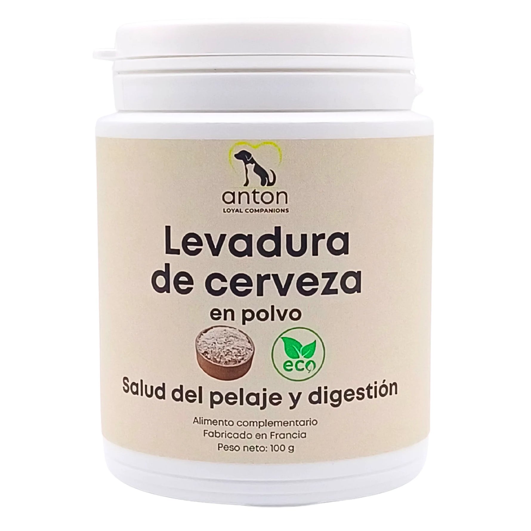 Envase del suplemento natural ANTON Levadura de cerveza ECO para perros y gatos – Salud del pelaje, piel y digestión.