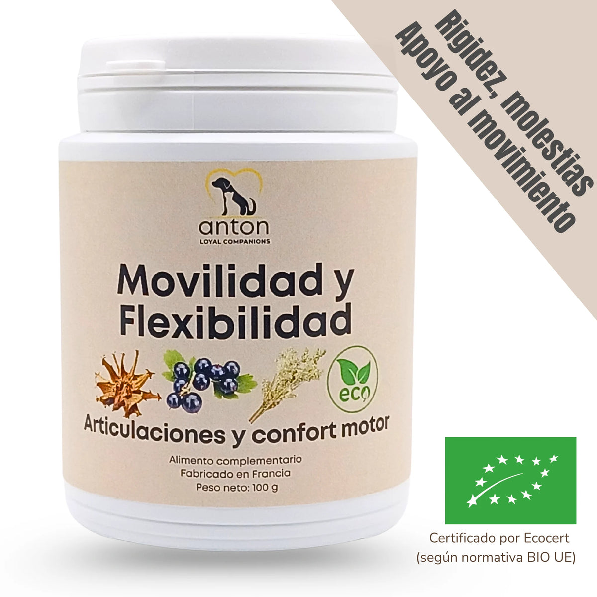 Suplemento natural ecológico para perros y gatos que mejora la movilidad, la flexibilidad y el confort articular. Ayuda a aliviar la rigidez y las molestias del movimiento de forma natural y segura.