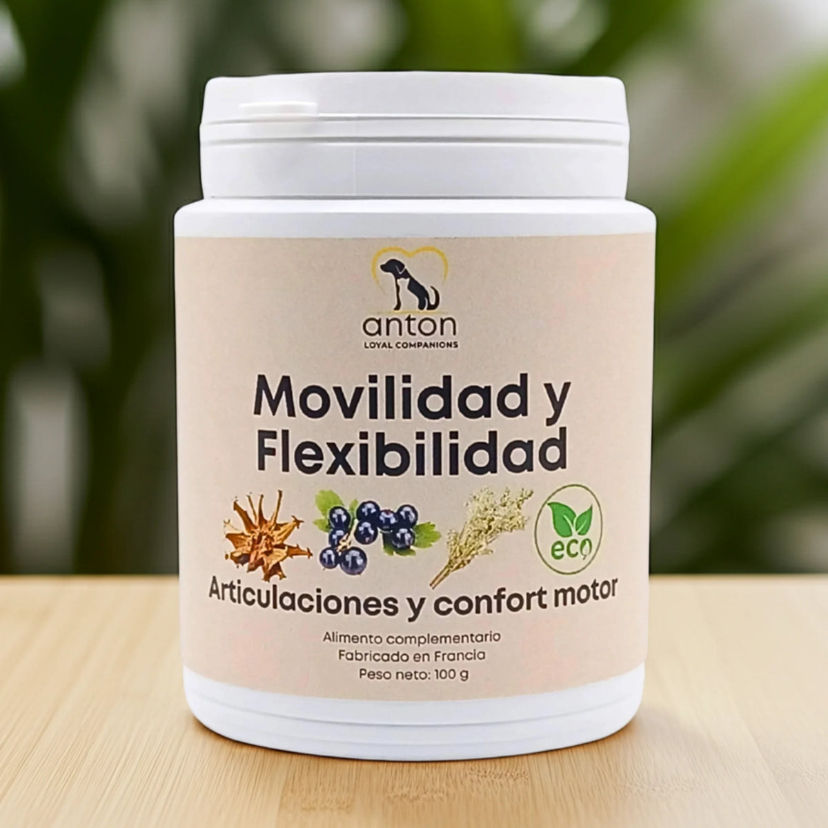 Suplemento natural Movilidad y Flexibilidad ECO en polvo para perros y gatos que favorece la movilidad, la flexibilidad y el confort articular. Fabricado en Francia por ANTON Loyal Companions.