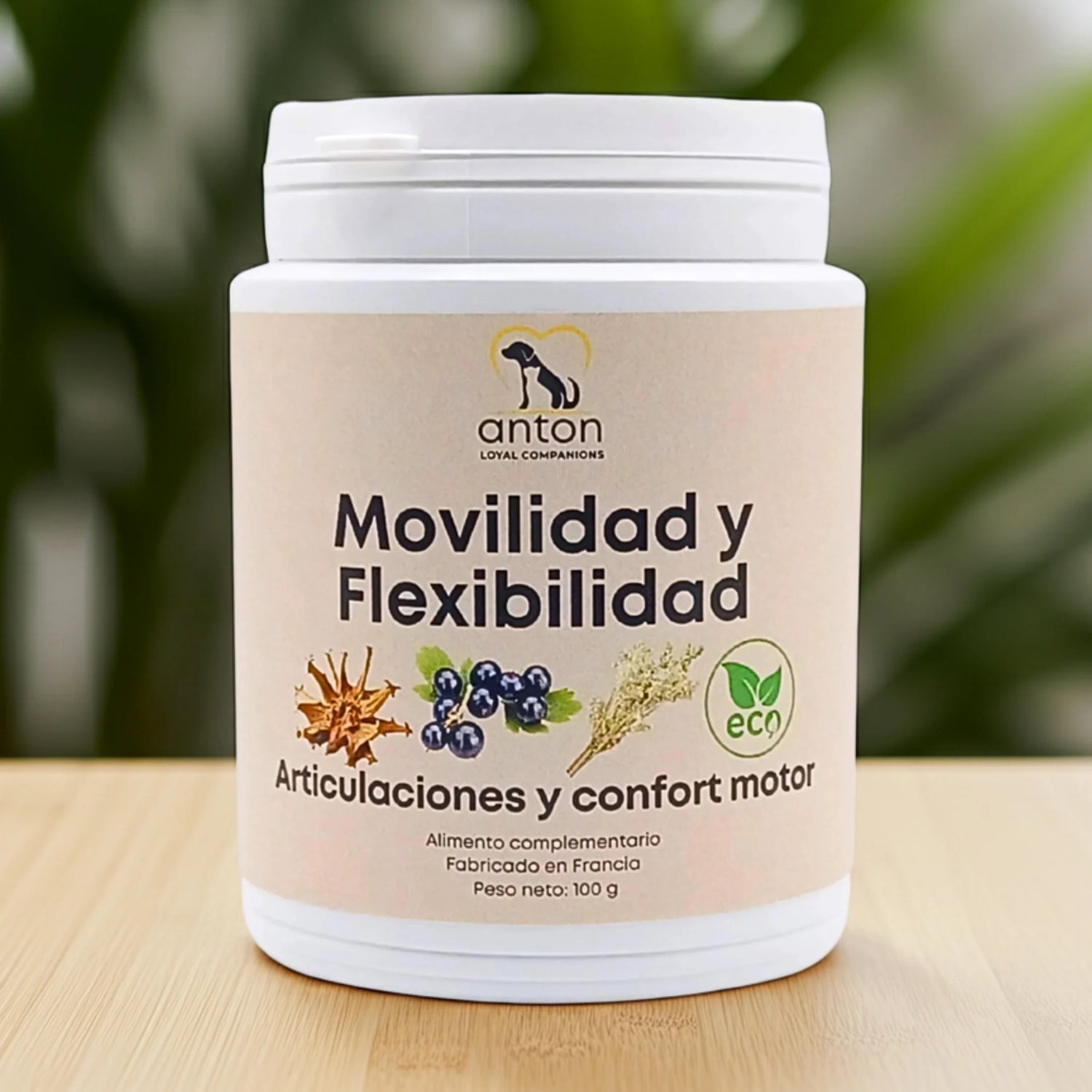 Suplemento natural Movilidad y Flexibilidad ECO en polvo para perros y gatos que favorece la movilidad, la flexibilidad y el confort articular. Fabricado en Francia por ANTON Loyal Companions.