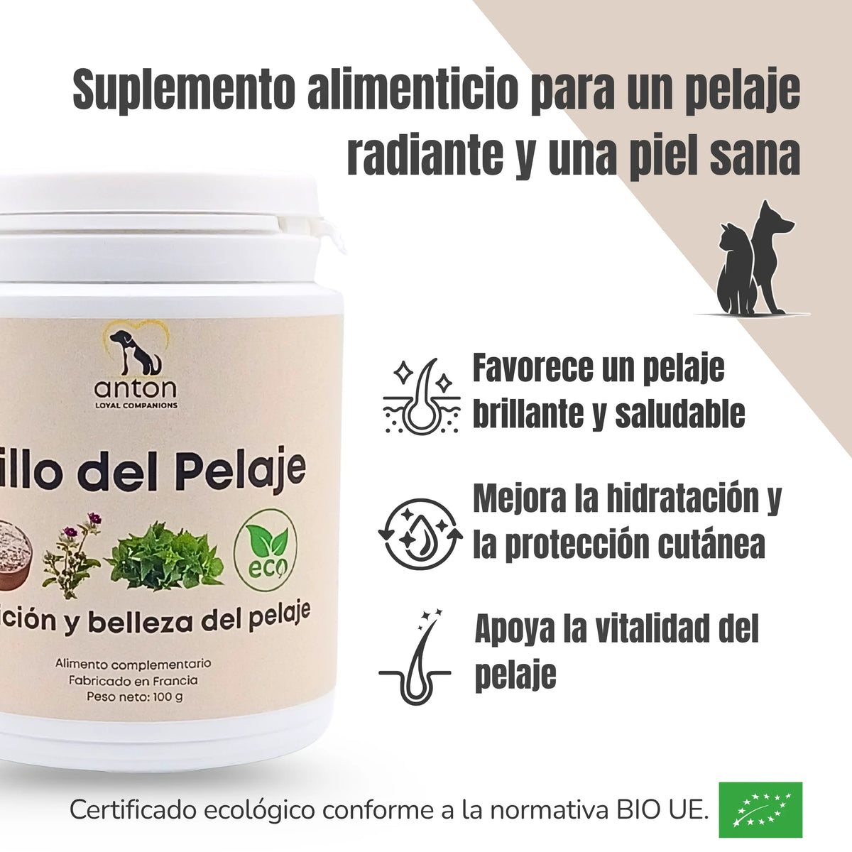 Fórmula natural ecológica para perros y gatos que favorece un pelaje brillante y saludable, mejora la hidratación y la protección cutánea y apoya la vitalidad del pelaje.