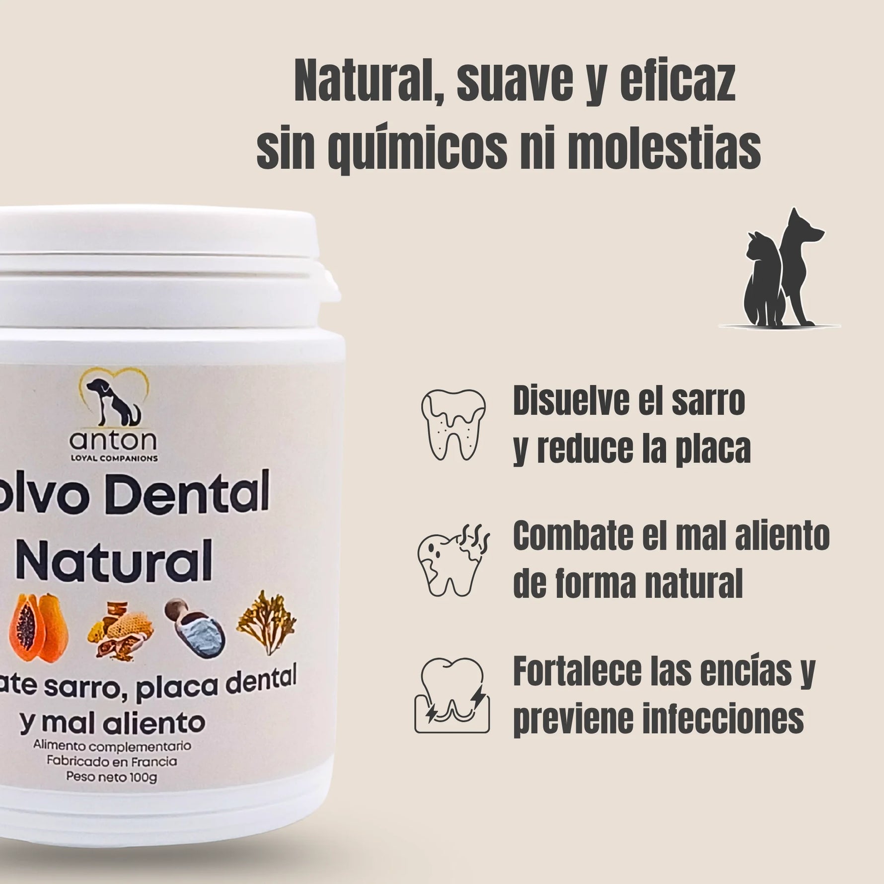 Polvo dental natural ANTON Loyal Companions para perros y gatos – disuelve el sarro, reduce la placa, combate el mal aliento y fortalece las encías de forma natural