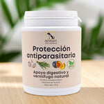 Suplemento natural  Protección Antiparasitaria ECO en polvo para perros y gatos. con ajo, tomillo y calabaza que favorece la digestión y ayuda a controlar los parásitos de forma natural. Fabricado en Francia por ANTON Loyal Companions.