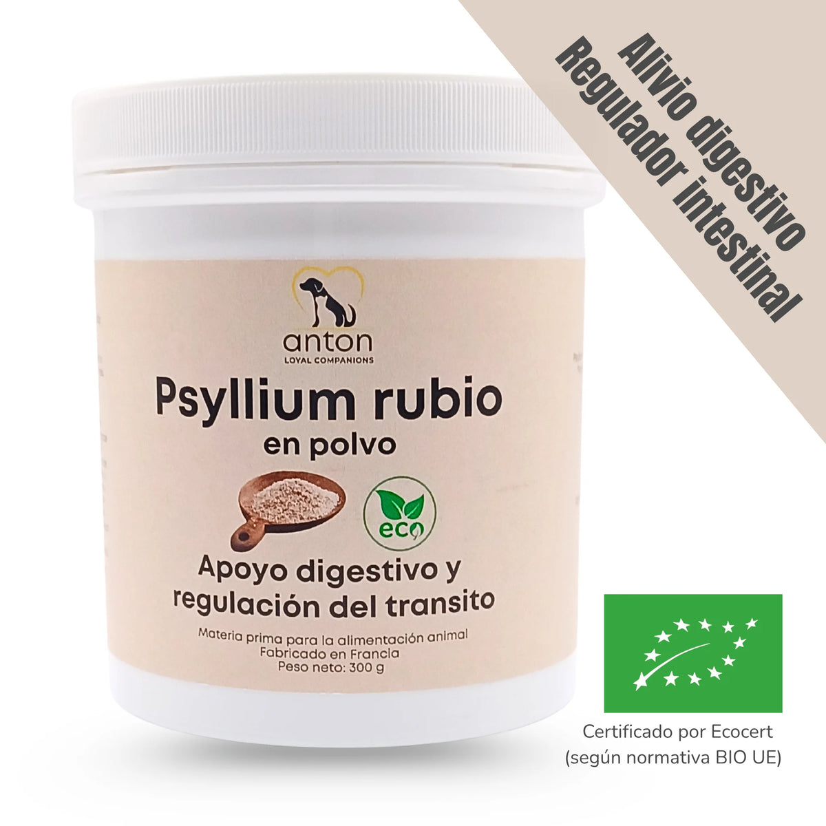 Suplemento natural para perros y gatos – Psyllium rubio ECO. Apoya la digestión y regula el tránsito intestinal. Certificado por Ecocert según normativa BIO UE.