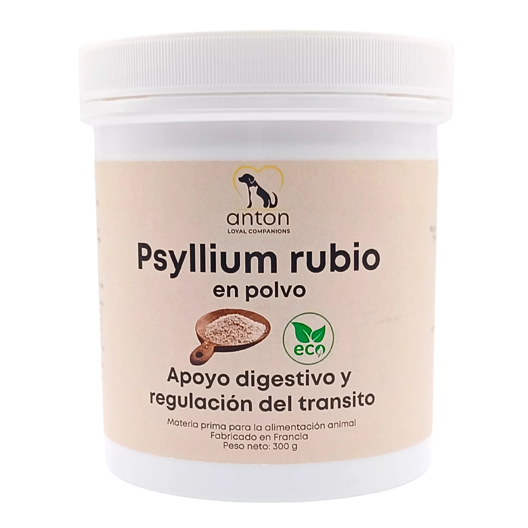 Psyllium rubio en polvo – suplemento ecológico para perros y gatos. Fabricado en Francia, certificado Ecocert, sin aditivos.