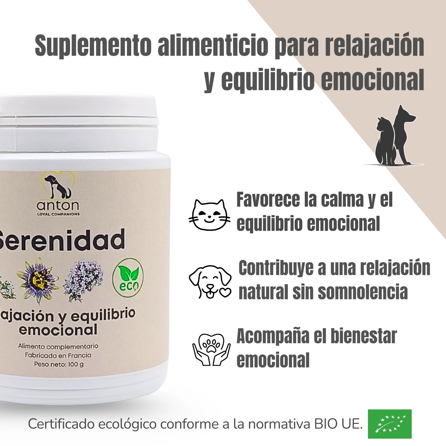 Suplemento natural Serenidad ECO para perros y gatos que favorece la calma y el equilibrio emocional certificado ecológico BIO UE