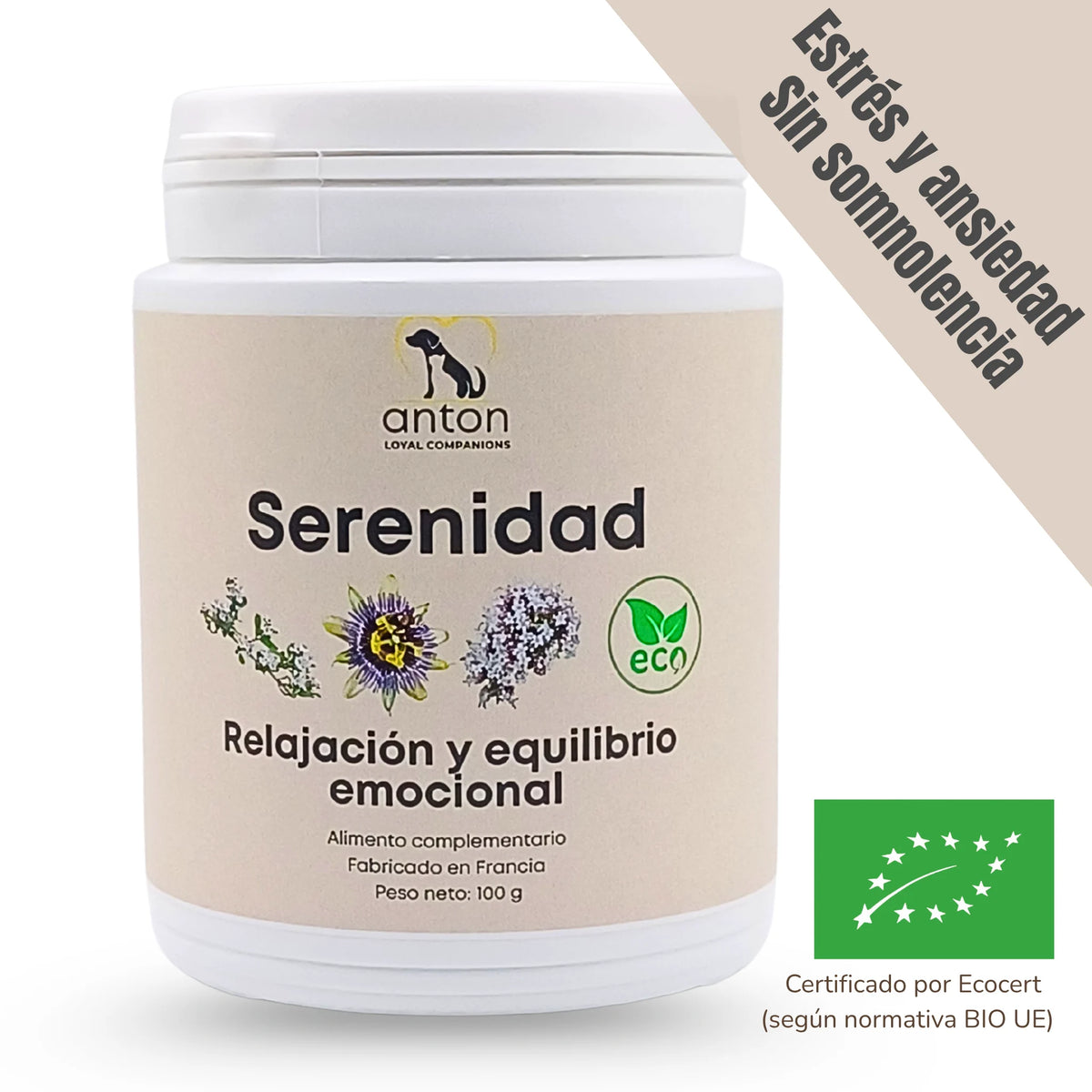 Suplemento natural Serenidad ANTON Loyal Companions para perros y gatos – Relajación y equilibrio emocional con ingredientes ecológicos certificados.