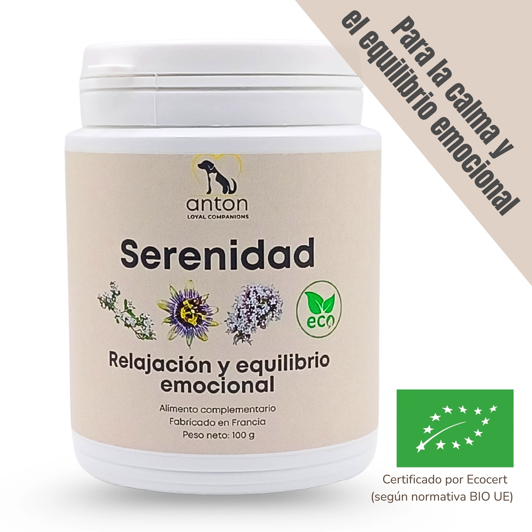 Suplemento natural Serenidad ECO ANTON para perros y gatos que ayuda a la calma y al equilibrio emocional certificado Ecocert BIO UE