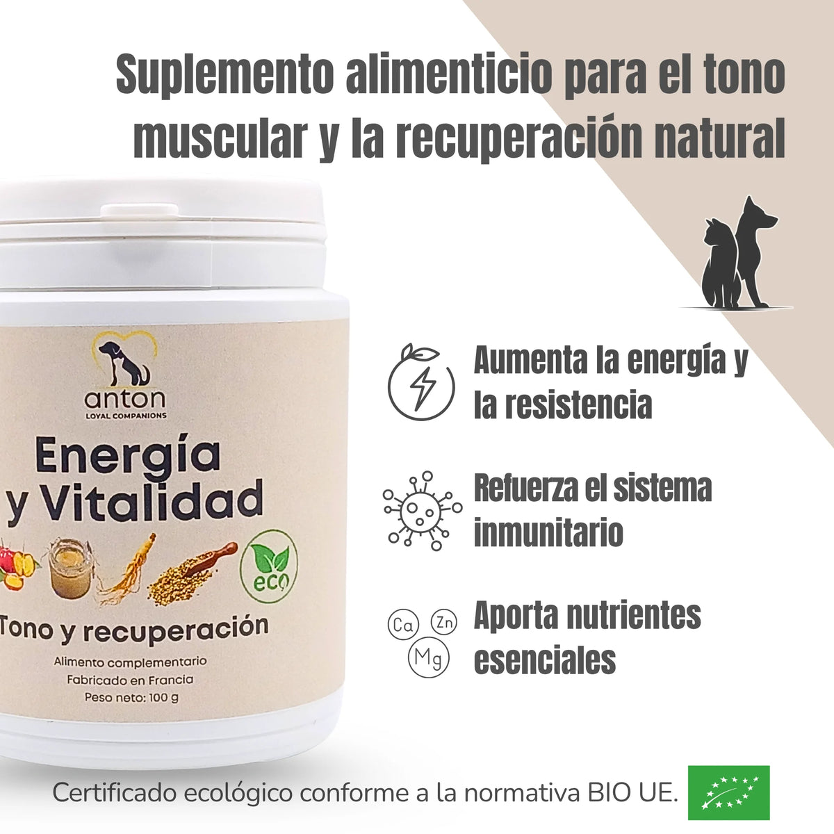 Suplemento natural ecológico Energía y Vitalidad ANTON Loyal Companions para perros y gatos que aumenta la energía y la resistencia, refuerza el sistema inmunitario y aporta nutrientes esenciales para la recuperación física y el tono muscular.