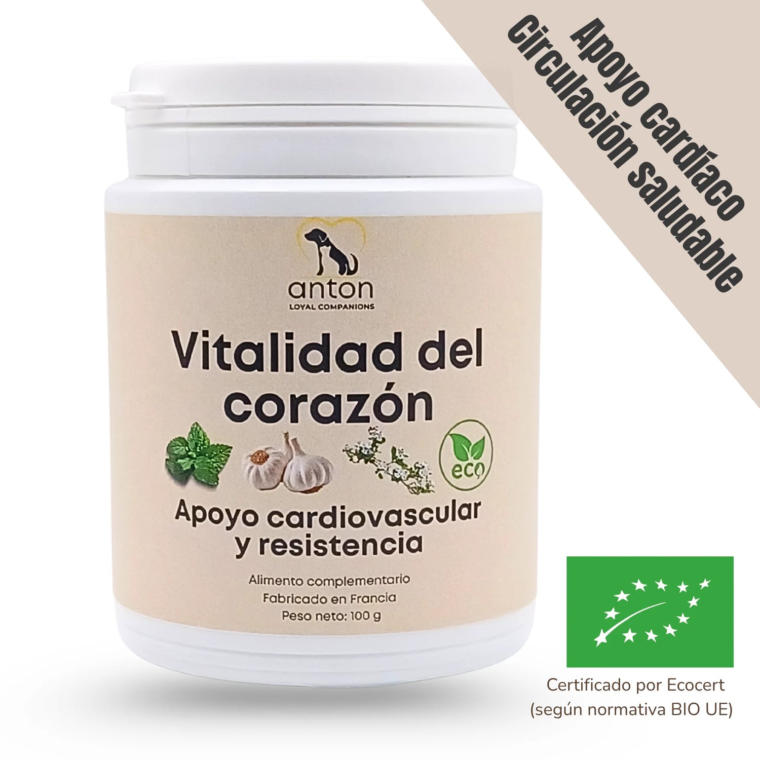 Envase del suplemento natural ecológico ANTON Loyal Companions “Vitalidad del Corazón” para perros y gatos – Apoyo cardiovascular y resistencia