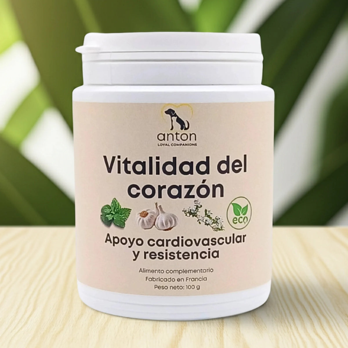 Suplemento natural Vitalidad del Corazón ECO en polvo para perros y gatos que apoya la circulación, el ritmo cardíaco y la energía. Fabricado en Francia por ANTON Loyal Companions.