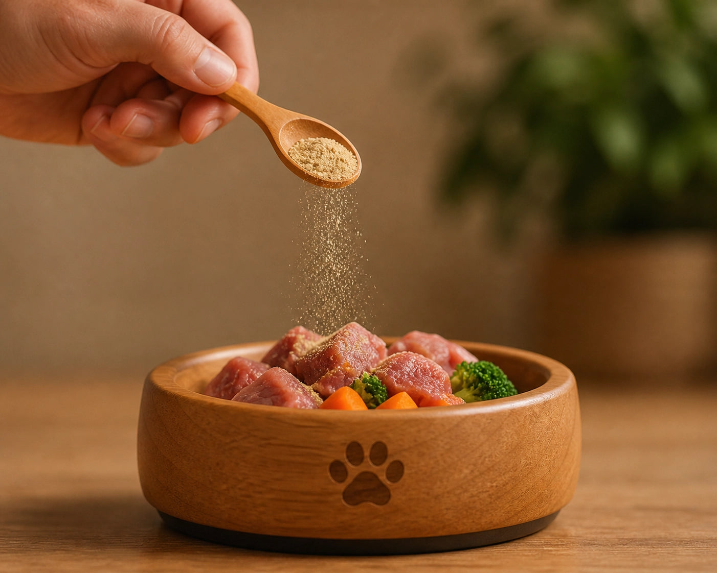 Mano añadiendo un suplemento en polvo a la comida de un perro en un bol con carne y verduras