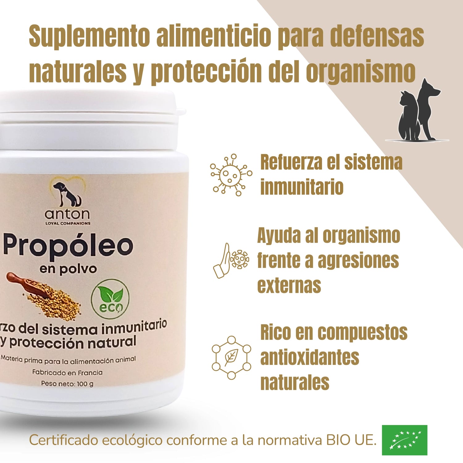 Suplemento natural ecológico de propóleo para perros y gatos que refuerza las defensas naturales y ayuda a la protección del organismo, formulado en Francia por ANTON Loyal Companions