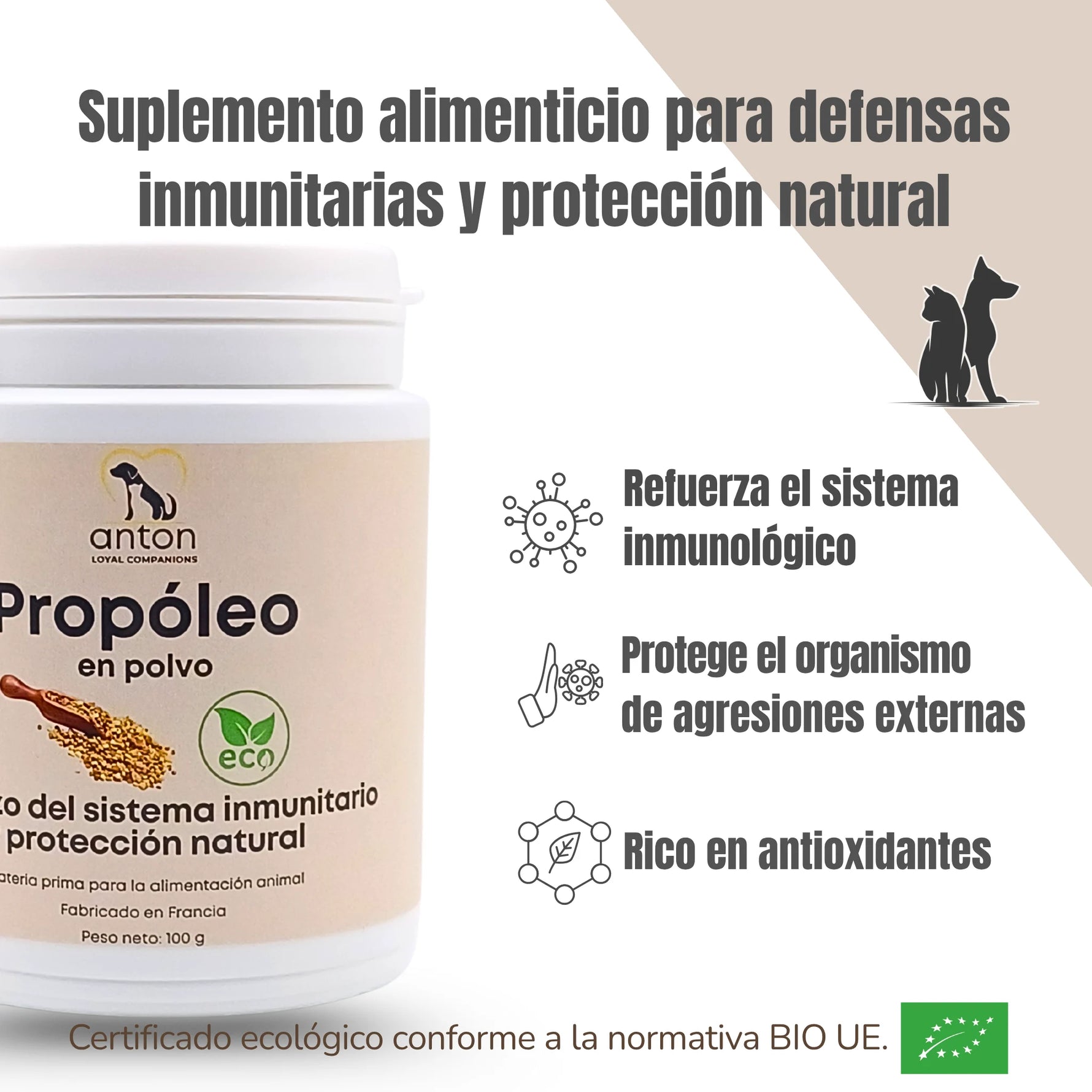 Beneficios del propóleo ecológico para perros y gatos ANTON Loyal Companions – fortalece la inmunidad y protege frente a agresiones externas.