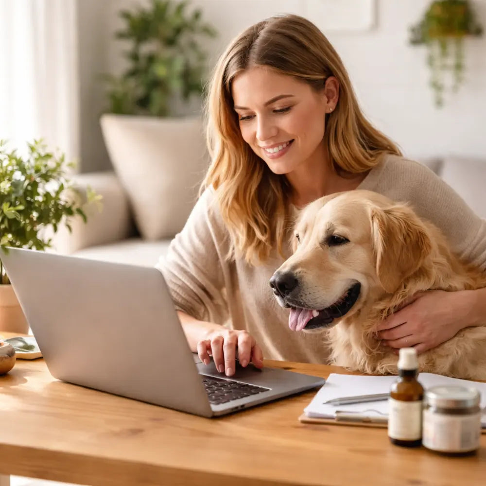 Cliente consultando opiniones sobre productos naturales para perros y gatos junto a su perro en un entorno doméstico tranquilo
