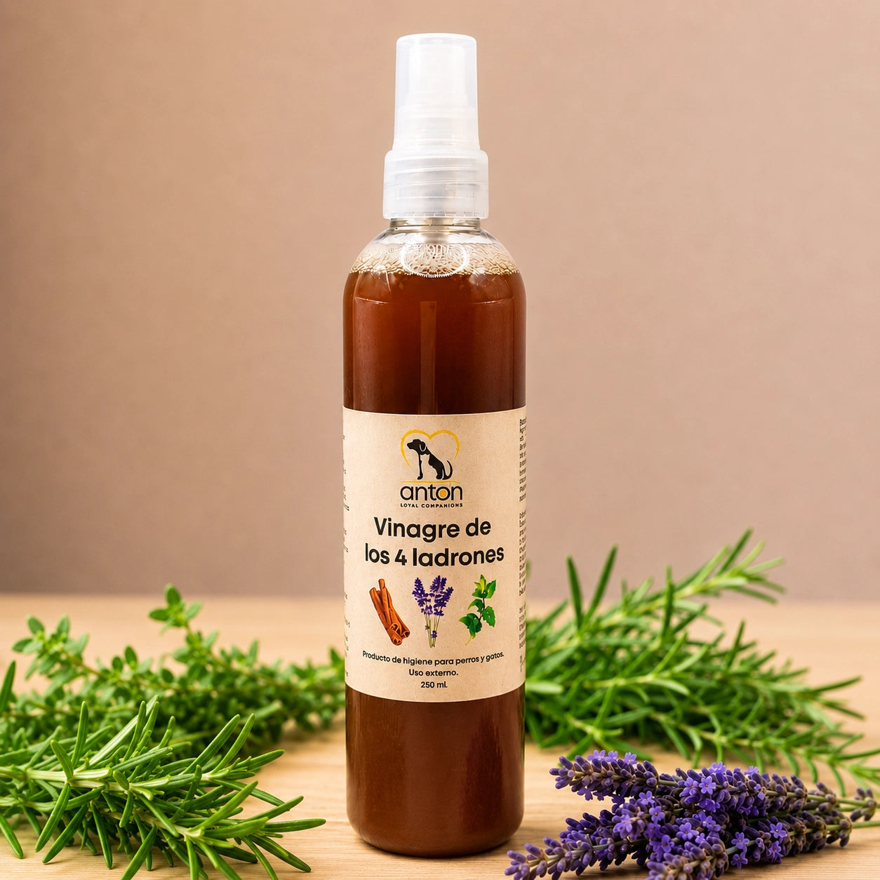 Vinagre de los 4 ladrones natural para perros y gatos ANTON LC en spray 250 ml con lavanda y romero