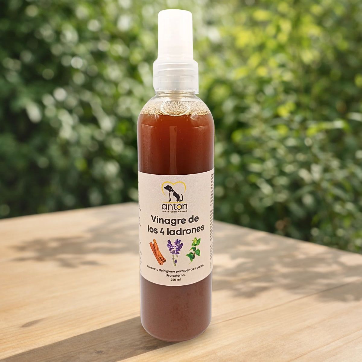 Vinagre de los 4 ladrones para perros y gatos ANTON en botella con pulverizador sobre mesa de madera con fondo natural verde