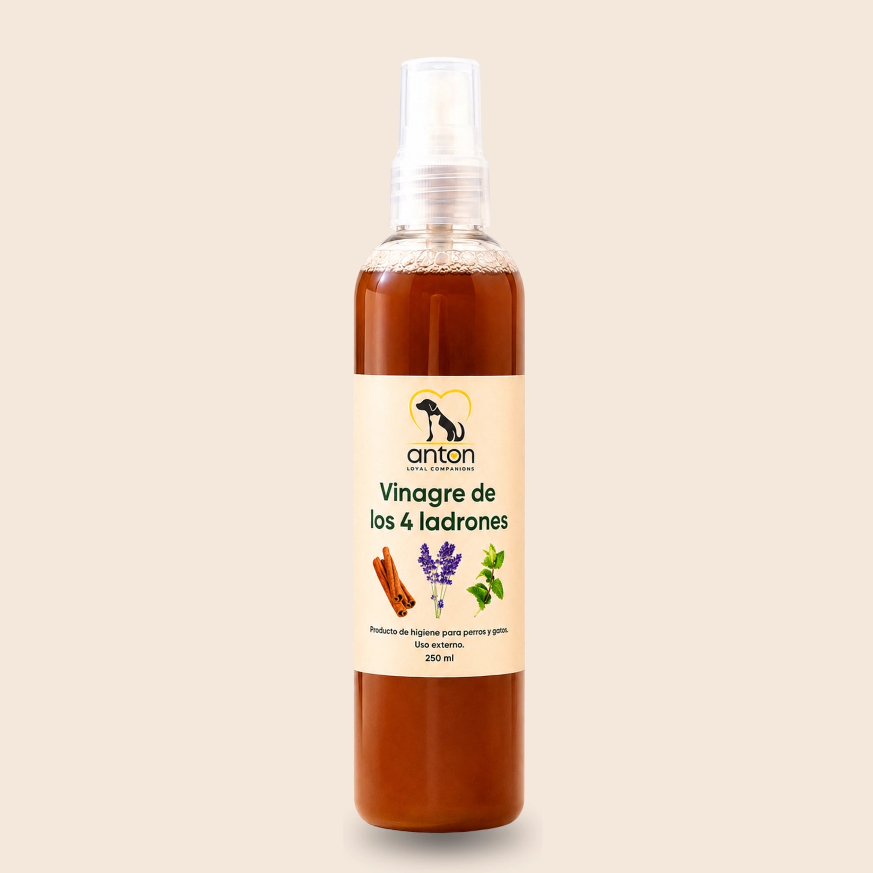Botella de Vinagre de los 4 Ladrones ANTON Loyal Companions en formato spray de 250 ml para perros y gatos, producto de higiene natural para uso externo.